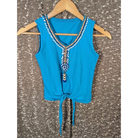 Miss Sixty Tops - Vintage Miss Sixty Blue Beaded Keyhole‎ Cropped Tank Top Y2K